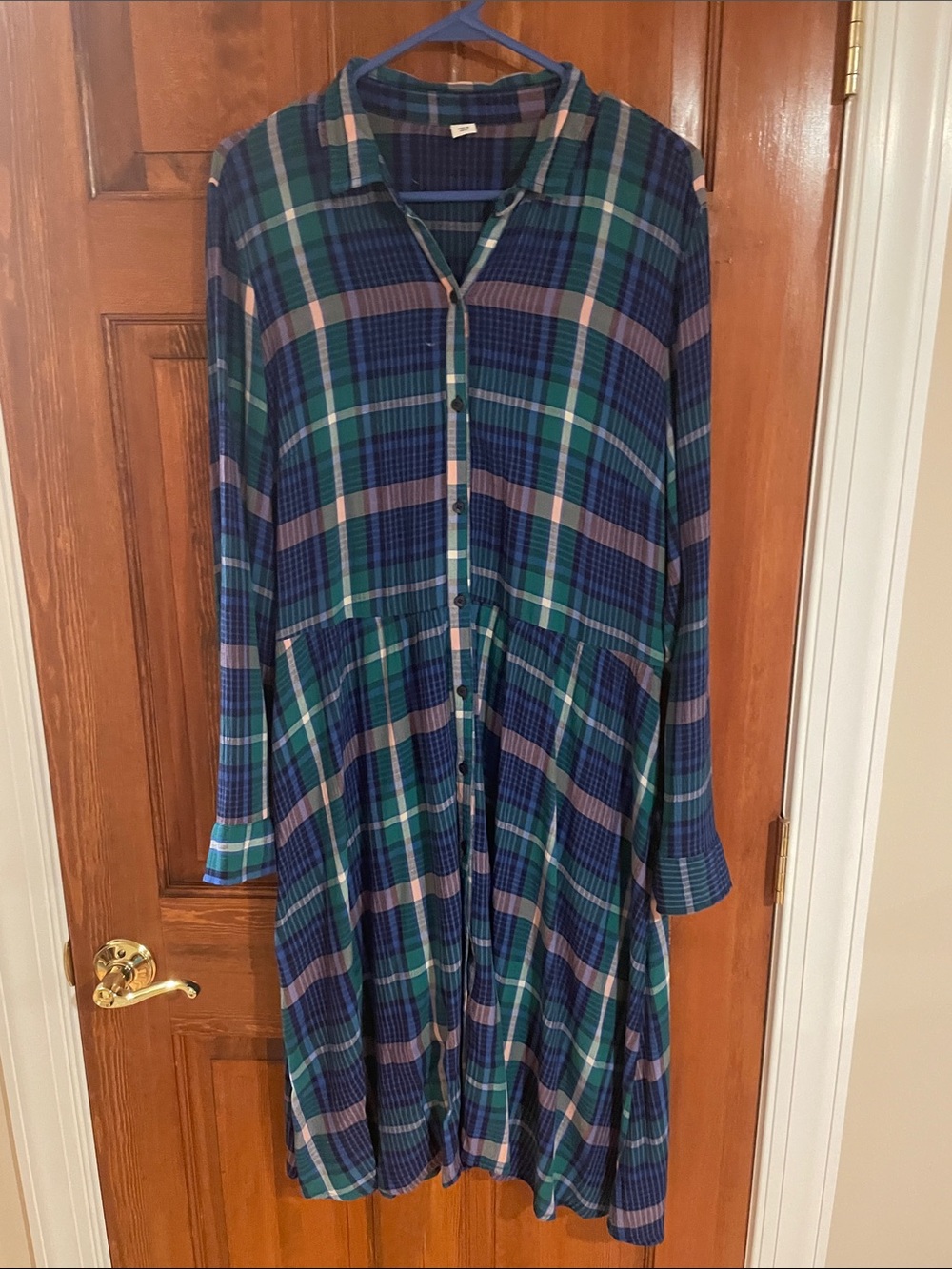 Old Navy Blue & Green Plaid Button-Front Long Sleeve Dress